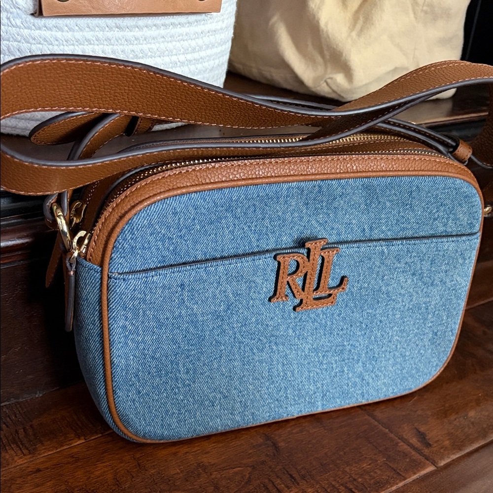 Lauren Ralph Lauren Denim w/ Brown Leather-Trim Crossbody Bag